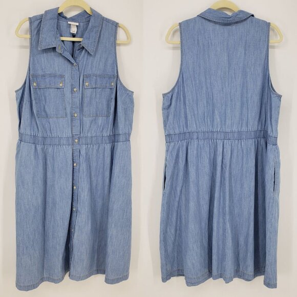 Ava & Viv Chambray Denim Shirt Dress 1X Button Down Sleeveless Blue - Picture 1 of 8